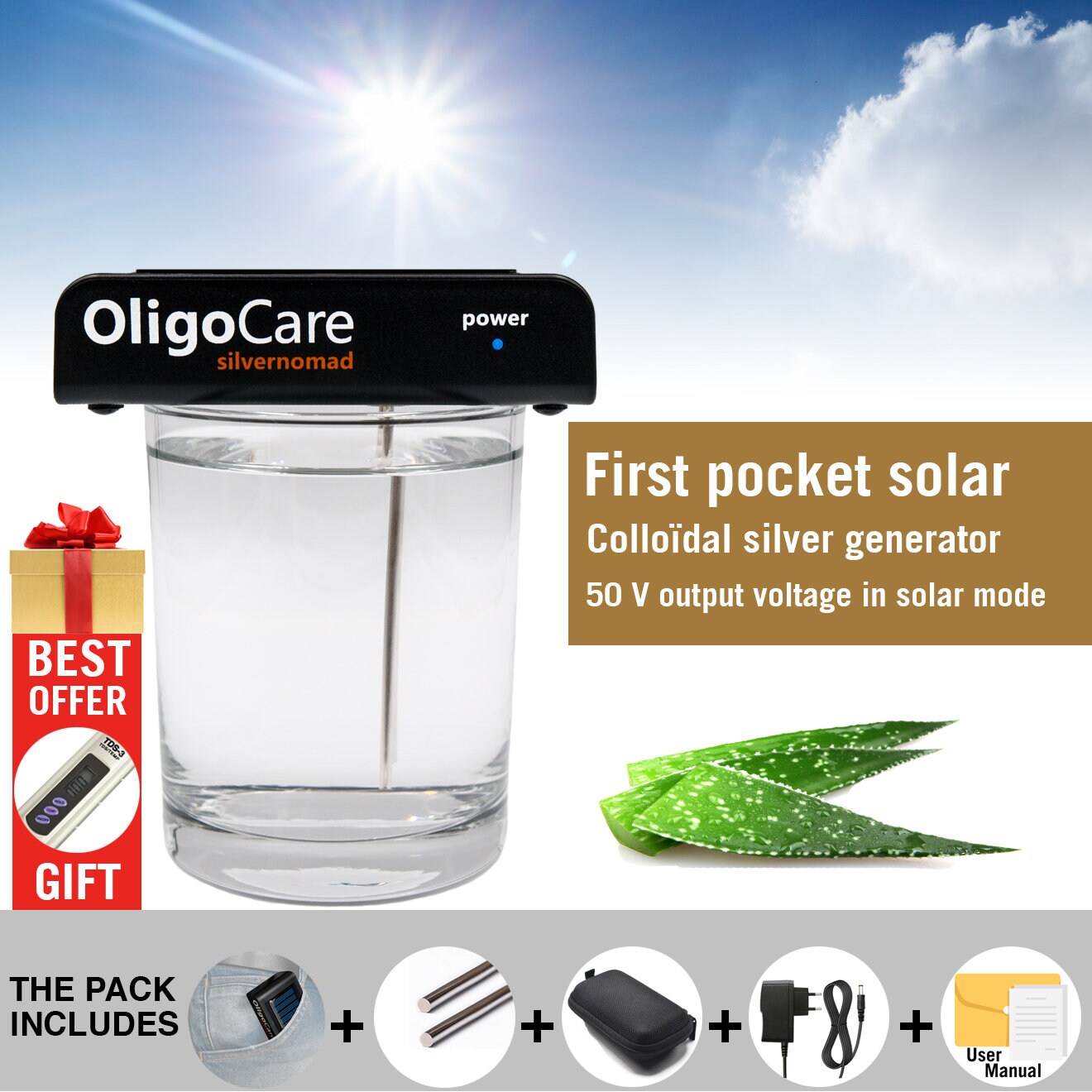 Générateur D'argent Colloïdal OLIGOCARE - Système Reverse Polarity Avec Agitation - Pack TDS 4 Paires - Fabriqué En France - Usage Santé & Bien-être