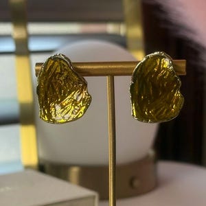 Handmade Irregular Amber Resin Stud Earrings, Organic Textured Gold Setting, Bold Artistic Statement Jewelry, Gift for Her, Limited Edition
