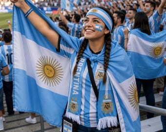 Conjunto para aficionados al fútbol argentino: Capa con bandera para llevar puesta, bufanda, pañuelo y pegatinas – Kit de 4 piezas para seguidores de la selección argentina.