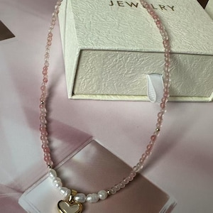 Pink Crystal Heart Necklace with Pearl Beads | Love-Inspired Romantic Choker | Gold Heart Pendant Jewelry | Handmade Gift for Her