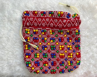 Vintage Colorful Beaded Drawstring Purse 60s 70s