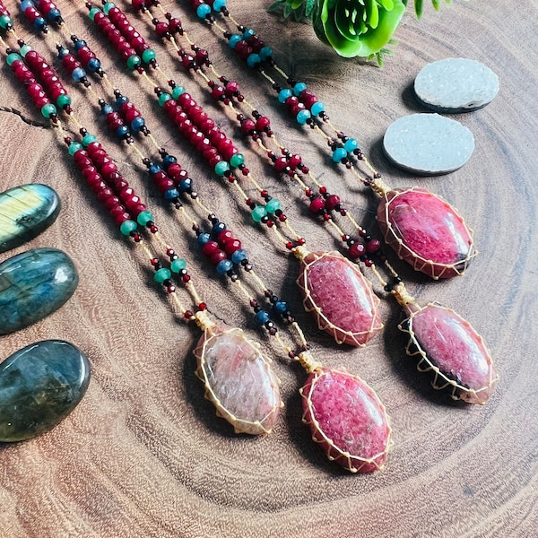 Micro Macrame Necklace faceted beads Jewellery Rhodonite High graded Stone Cord Handmade Bohemian necklace bohemian chic  gemstone