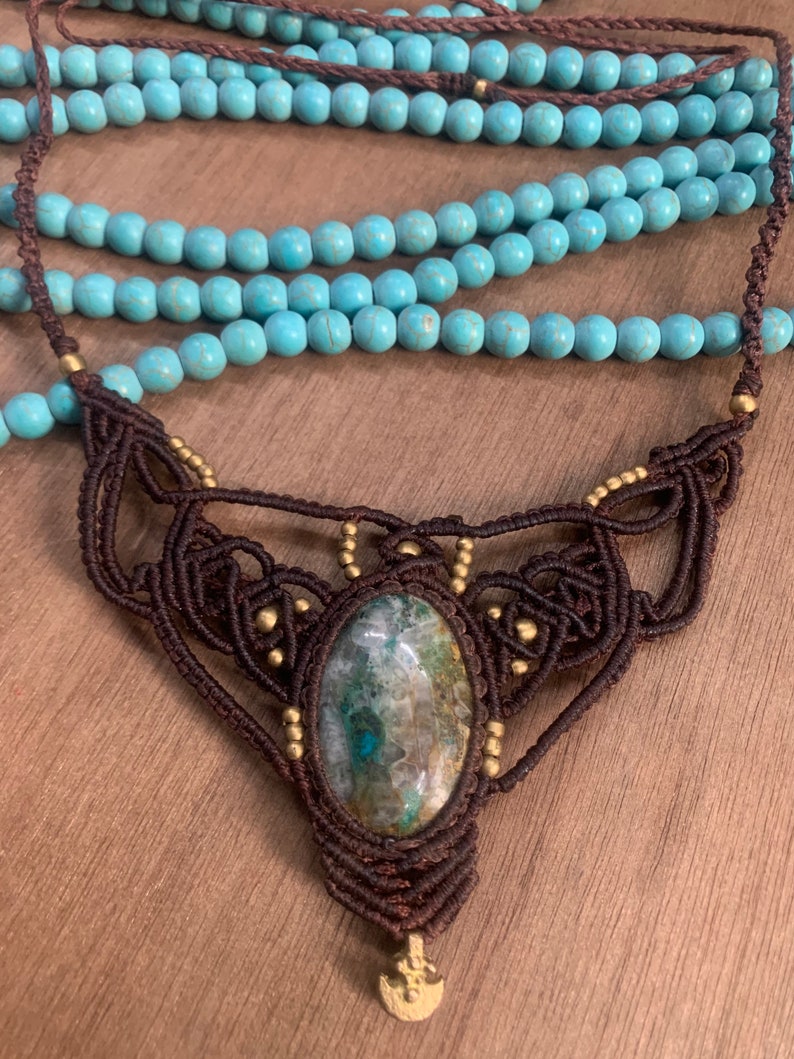 Crysocolla stone boho necklace hippie necklace chick necklace healing necklace meditation stone macrame necklace