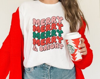 Merry and Bright christmas Shirt, womens christmas shirt, graphic christmas tee shirt, cute retro shirt for women, christmas shirt gift