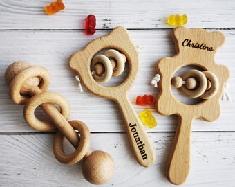 personalised wooden baby rattle