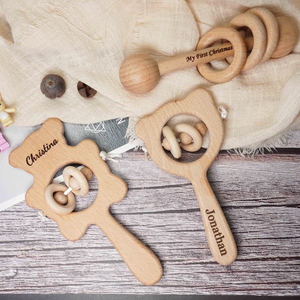 Wooden Rattle, Personalised Baby Rattle, Rassel Personalisiert, Newborn Gift, Stroller Toy, Personalized Baby Gift, Hochet Personnalisé