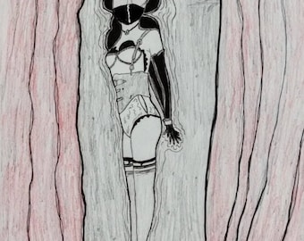 May include: A black and white illustration of a person wearing lingerie, a mask, and gloves. The person is standing between red curtains. The drawing is done in pencil and ink.