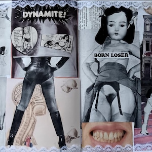 May include: A collage of images featuring a woman in a leather outfit, a girl with the text "Born Loser" on her chest, and a house with a sign that says "Dynamite!"