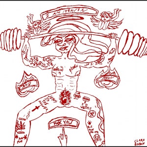 May include: A red line drawing depicts a person lifting a barbell, with tattoos and text. The text includes "I AM HEAVEN", "AND", "FUCK YOU", and other phrases. Angels and flames are also present in the illustration.