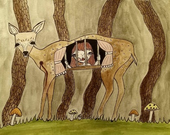 May include: Watercolor illustration of a deer with a cage-like structure in its body, revealing a girl with red hair. The artwork features a forest setting with trees, mushrooms, and a green grassy area. The deer has brown spots.