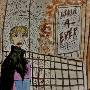 May include: A watercolor painting of a person with short blonde hair wearing a black jacket and a pink and blue shirt. The person is standing in front of a brown wall with a sign that says "Lilja 4-Ever".