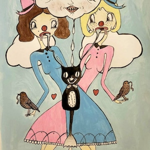 May include: Whimsical illustration featuring two figures in blue and pink dresses, connected to a cloud-like face. A black cat clock and birds with worms are also depicted. The artwork has a surreal, cartoonish style with a light blue background.