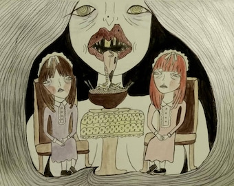 May include: A hand-drawn illustration of a woman with a large mouth eating a bowl of noodles. Two girls in dresses sit at a table with a cake in front of them.