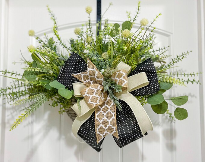 Greenery Door Hanger, Basket Door Hanger, Greenery Wreath, Year Round