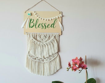 Macrame Wall hanging - medium size, "Blessed" wooden sign. Perfect gift for Mother's Day, Birthday gift or House warming. Bohemian decor