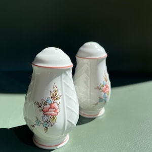 May include: Two white ceramic salt and pepper shakers with floral designs. Each shaker features a white lid with a pink rim, a white body with a textured leaf pattern, and a base with a pink rim. The floral design includes pink and blue flowers.