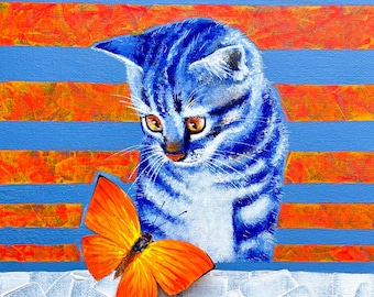 Kitten & Butterfly Painting, 3D Mixed Media Acrylic Art
