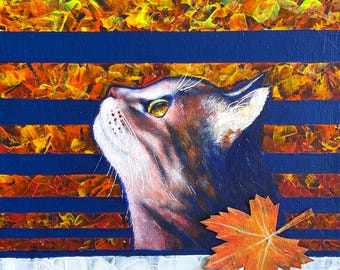 Cat and Autumn Leaf Painting, Mixed Media Acrylic on Canvas