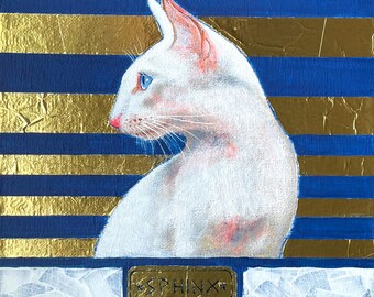 Egyptian Sphinx Painting, Acrylic & Gold Foil Art