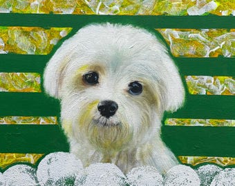 Fluffy White Dog Acrylic Painting on Canvas
