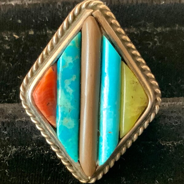 Cornrow Multi Color Ring. Coral, Turquoise, Jade, River Rock - Vintage - Signed