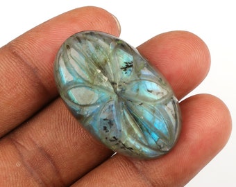 Oval Shape Labradorite Cabochon Mughal Carving Multi Flashy Carving Labradorite Gemstone Size 21*31*9mm Weight 49Cts Jewelry Gemstone