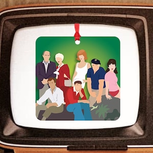 May include: A vintage-style television screen showing a group of six people, including a man in a blue shirt and a woman in a red dress, against a green background.