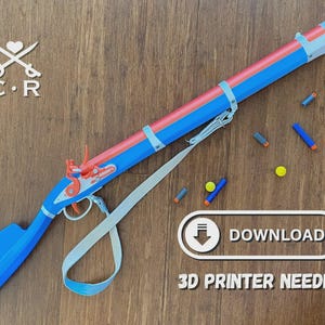 May include: A colorful toy rifle in blue, red, and white, with a shoulder strap and several small darts. The image includes the text "DOWNLOAD" and "3D PRINTER NEEDED".
