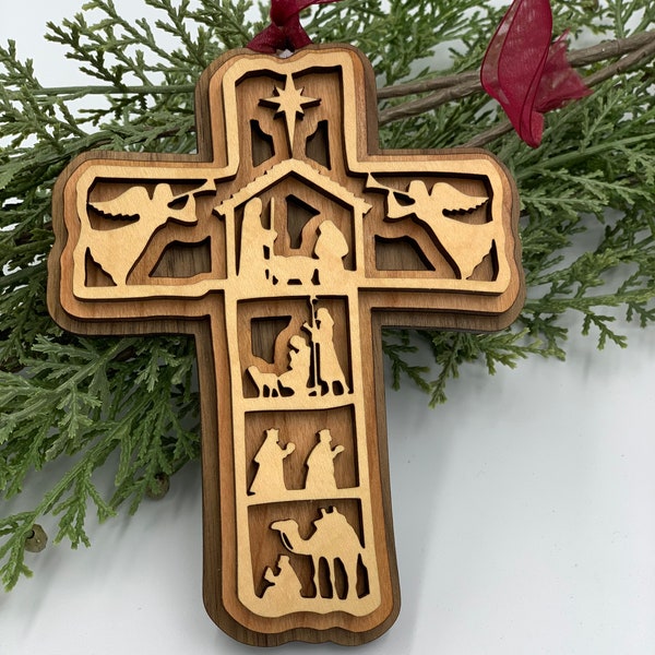 Wooden Nativity Cross Etsy