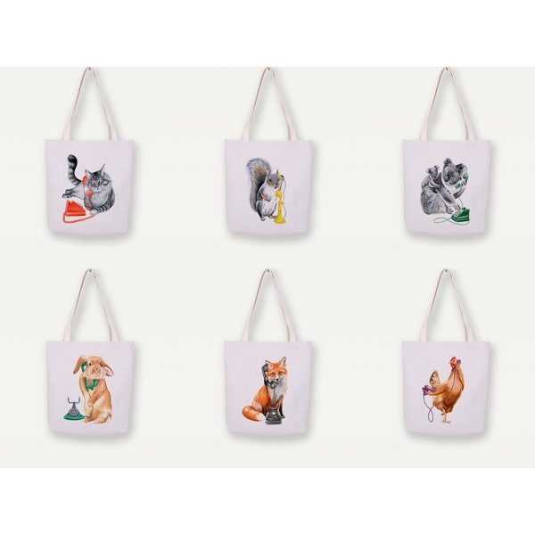 Tote, Handbag, Shopping Bag, Linen, Canvas, Sustainable, Stylish, Light, Functional, Art, Quirky, Animals, Gifts, Rabbit, Cat, Fox, Rooster