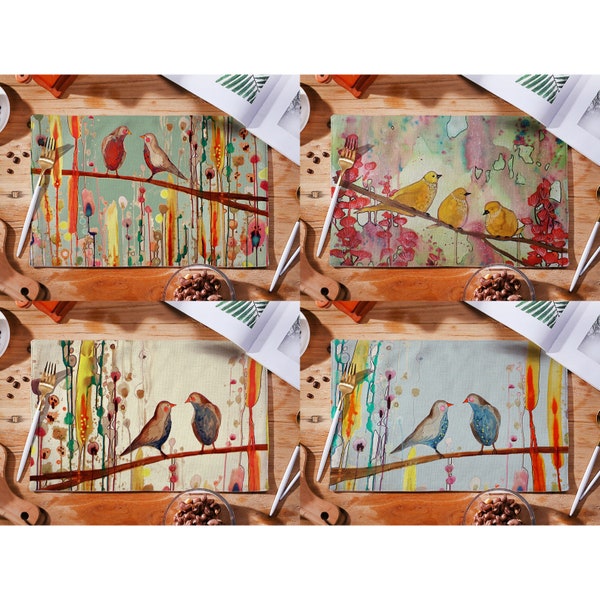 Placemats, Placemats Set, Table Linen, Indoor/Outdoor, Napperon, Eco-friendly, Easy Care, Luxury, Nature, Birds, Floral, Watercolor, Gifts