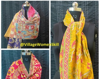 Handmade Cotton Kantha Scarf: Bohemian Vintage Stole, Assorted Colors