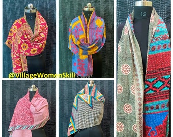 5 Pc Cotton Scarves Indian Kantha Scarf/Shawl/Wrap, Handmade Vintage Scarves For Women, Bohemian Hippie Scarves Reversible Neck Wrap Scarf