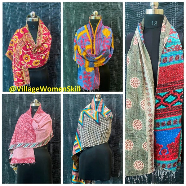 5 Pc Cotton Scarves Indian Kantha Scarf/Shawl/Wrap, Handmade Vintage Scarves For Women, Bohemian Hippie Scarves Reversible Neck Wrap Scarf