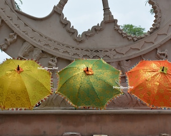 Golden Printed Indian Umbrella: Silky Fabric Sun Parasol, Wedding Decor