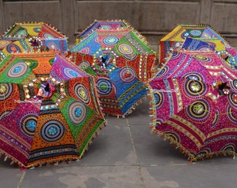Set von 5 Stück Dekorativer Baumwolle Regenschirm bestickt indischen Sonnenschirm Boho Patchwork Regenschirm