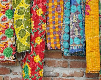 Couette kantha vintage indienne, jetée fait main, couverture réversible, couvre-lit, tissu en coton, courtepointe bohème