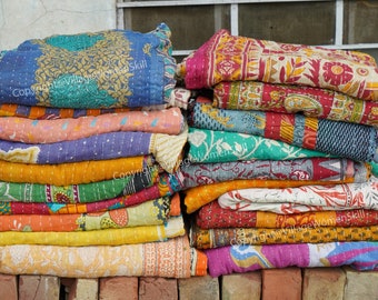 Venta al por mayor de colchas indias Kantha vintage de algodón hechas a mano, colcha bohemia.