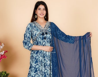 Embroidered Rayon Kurti Set: Floral Print, Dupatta, Festive Wear
