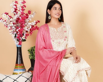 Premium Indian Designer Embroidery Print Kurta Kurti with Pant and Dupatta Readymade Salwar Kameez 3 Piece set
