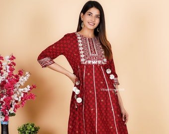 Indian Mirror work embroidery and heavy gotta work and long Gown Kurti Party Wear Casual Summer Wear  Kurti For Women