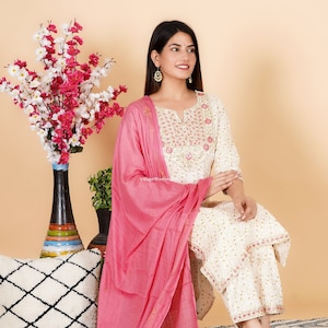 Premium Indian Designer Embroidery Print Kurta Kurti with Pant and Dupatta Readymade Salwar Kameez 3 Piece set