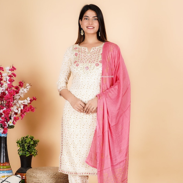 Indische bestickte Viskose Kurti mit Hose und Dupatta für Frauen Geschenk für sie ethnische Kleidung / traditionelle Kleidung 3-teiliges vorgefertigtes Set