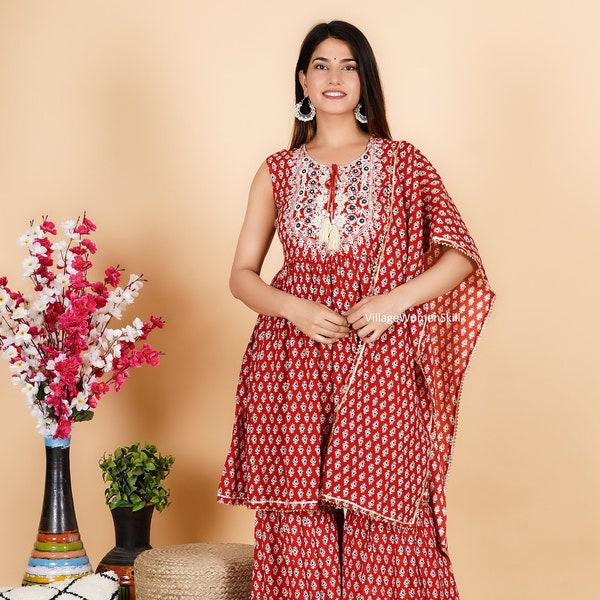 Indian Kurti with Sharara And Dupatta Set for women, Salwar Kameez Readymade Indian Kurti Wedding Wear Rayon Fabric Kurti For Women