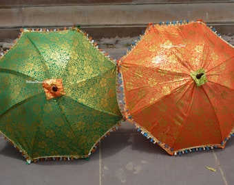 5 Pc Golden Printed Indian Umbrella: Wedding Parasol, Home Decor