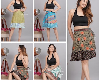 Minifalda de seda vintage india para mujer, falda playera, lote de 5 piezas, faldas de doble capa mágicas bohemias hechas a mano para falda de seda india.