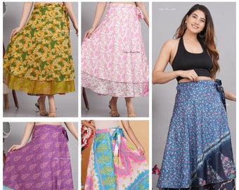WHOLESALE LOTS Womens Floral Wrap Skirt, 2 Layer Skirts, Floral Print Indian Vintage Sari Skirt, Beach Wear Reversible Wrap Skirts One Size