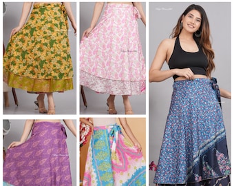 Venta al por mayor de faldas envolventes de seda indias vintage, falda envolvente Bohemain, falda larga hecha a mano de verano