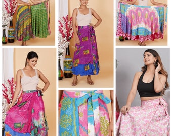 Indian Women double layer silk Wrap skirt vintage magic reversible long hippie printed free size women tie maxi skirts