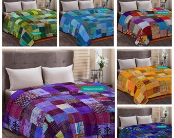 Vintage Kantha Quilt: Indian Patchwork Silk Bedspread, King Size